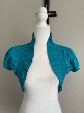 Women's Teal Ruffled Short-Sleeve Bolero Shrug